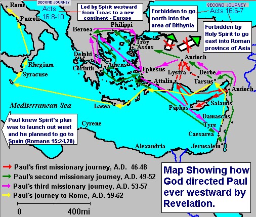 PAul's missionary trips showing a westward thrust.